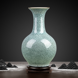 景德镇仿古官窑裂纹陶瓷器花瓶，中式摆件家居样板间，装饰品客厅插花
