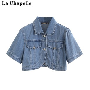 拉夏贝尔/La Chapelle夏季女短袖牛仔外套小个子短款披肩上衣