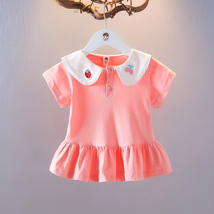 女宝宝夏季短袖t恤洋气夏装，女童纯色上衣娃娃领婴儿夏天衣服新潮
