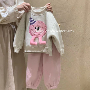 韩系童装女童卡通花灰色卫衣秋冬女宝宝可爱粉色运动裤子套装