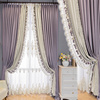 法式窗帘婚房遮光欧式绒布窗帘，浅紫色拼米白色，客厅卧室别墅定制