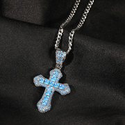 蓝色锆石十字架项链嘻哈时尚，重工镶钻百搭毛衣链