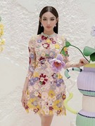 越南小众设计师彩色，重工刺绣钉珠小礼服长袖，立体花朵连衣裙