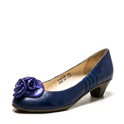 真皮女鞋子圆头花朵，蓝色羊皮单鞋舒适粗跟复古文艺中跟rz93sc1496