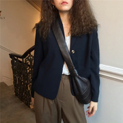 韩国东大门sienne设计师小众短款西装外套女小个子金扣深蓝色西服