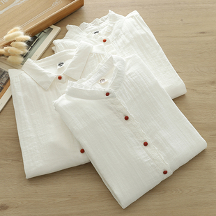 纯棉立领木耳边白色衬衫，日系春秋长袖，纯色打底减龄叠穿衬衣女