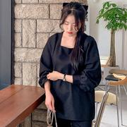 韩国大码女装胖mm冬装靓丽纯色方领气质通勤套头衬衫1029