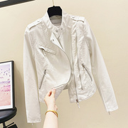 韩国春秋2023修身机车，真皮米白色皮衣，女士短款宽松时尚小外套