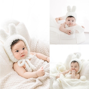 儿童摄影服装小兔子主题，可爱白色兔帽宝宝满月百天照拍照沙发道具