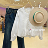 韩国东大门宽松圆领单排扣长袖设计感压褶法式气质白色衬衫秋