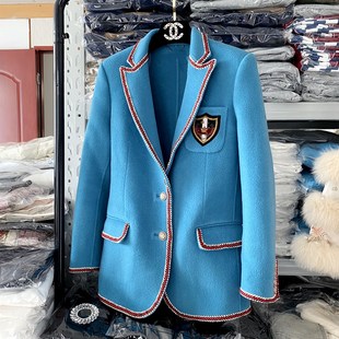 地球店羊绒羊毛蓝色西服，外套学院上衣，2023年秋季欧货西装领外套