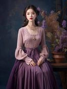 法式慵懒风紫色针织连衣裙子女多巴胺秋冬装搭配一整套国风毛衣裙