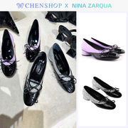 ninazarqua金属蝴蝶结，平底单鞋芭蕾舞鞋甜美chenshop设计师品牌