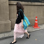 韩系纯色镂空蕾丝拼接假两件半身裙，女2024高级感气质中长裙潮