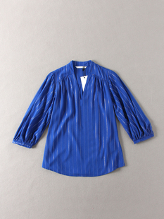 外贸原单简女V领洁精致感的金属丝混纺竖条纹宽松宝蓝色长袖衬衫