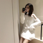 韩版女装性感法式宽松慵懒风毛衣裙子秋冬女针织衫，白色连衣裙春款
