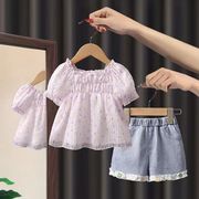 巴拉巴柆女童套装夏装宝宝牛仔短裤2024洋气t恤两件套小女孩