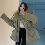 韩国chic冬季洋气连帽毛领，抽绳收腰百搭加厚保暖长袖棉衣外套