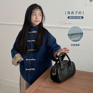 leobaby新中式女童牛仔外套加棉儿童棉服冬季中大童保暖上衣