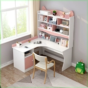 卧室现代简约学生女孩粉色，儿童房书桌，书柜组合一体转角书架写字桌