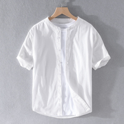 白色纯棉立领短袖衬衫男士，休闲圆领水洗，打底修身牛津纺衬衣男寸潮