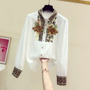 重工立体刺绣花朵翻领，长袖雪纺衬衫，女新中式国风韩版休闲衬衣