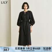 lily2024春女装宽松圆领，黑色气质连衣裙长款灯笼，袖长裙小黑裙