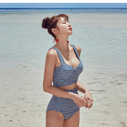 比基尼女分体聚拢小显瘦泳衣，高腰胸格子韩国性感游泳衣钢托遮