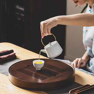茶盘家用简易小茶海排储水式竹制，茶座圆形茶托，茶台干泡台茶具托盘