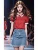 上衣女2024年爆今年流行的漂亮红色娃娃领撞色衬衫独特超好看