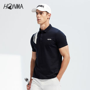HONMA2022高尔夫男士短袖速干T恤肩部撞色黑蓝色吸湿透气清爽