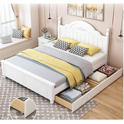 实木床现代简约白色的实木床卧室，高档带床垫带抽屉轻奢欧式实