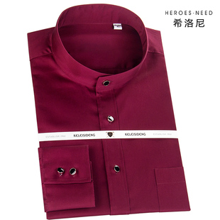 hn丝光棉中华立领酒红色，衬衫长袖高端纯棉，小立领中山领男士寸衬衣