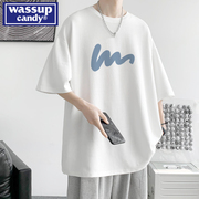 wassupcandy短袖t恤男夏季2024重磅五分袖，纯棉宽松潮牌半袖
