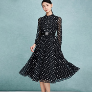 mojo2023年收腰气质，波点连衣裙高级垂坠设计感黑中长裙女装