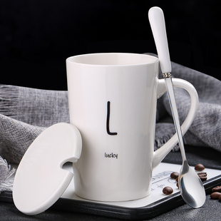 创意个性陶瓷马克杯带盖勺咖啡杯，家用情侣喝水杯子男生办公室茶杯