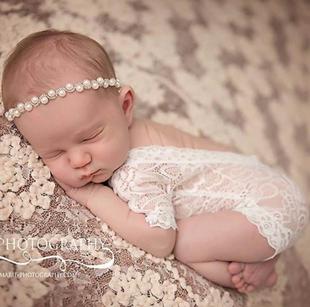 跨境欧美新生儿蕾丝拍照衣带钻珍珠发饰雪纺花边摄影爬服发带