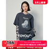 初语280G富士棉猫印花短袖T恤女长袖2024年春季宽松圆领上衣