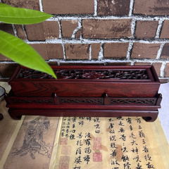 红木香盒红酸枝镂空线香盒卧香炉带底座 木雕工艺品