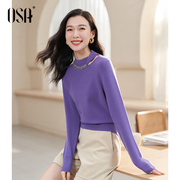 OSA欧莎紫色设计感镂空针织衫毛衣女秋装2023年显瘦软糯上衣