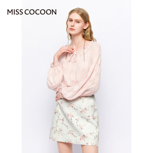 MISSCOCOON繁花之境24春气质系带重工蕾丝插肩袖雪纺衫