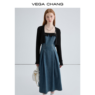 vegachang时尚套装女2024年春季时髦优雅吊带牛仔裙两件套