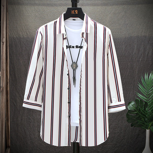 中式宽松七分袖衬衫男土夏季条形竖条纹港风披肩衬褂青少年外套潮