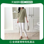 韩国直邮女士端庄的简单宽松款式竖条纹圆领7分短袖T恤
