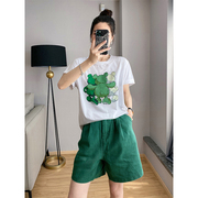 时尚印花T恤套装女绿色宽松阔腿短裤两件套夏季2023欧洲站货