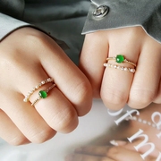 天然玉髓阳绿蛋面戒指s925纯银镶嵌珍珠，混搭日式小指环女款叠戴风