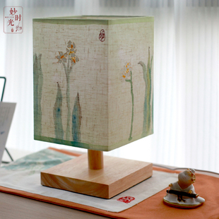 新中式手绘台灯禅意茶室简约卧室，书房灯遥控调色冷暖光实木氛围