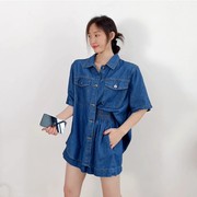 韩国东大门女装2023秋季韩范短袖牛仔衬衫+休闲短裤两件套装