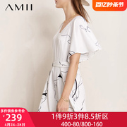 Amii2023夏季白色连衣裙女收腰荷叶袖高级感裙子V领雪纺长裙