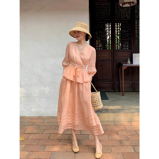 王寒嫣粉色苎麻套装女法式温柔风高级感绑带上衣半身裙两件套夏季